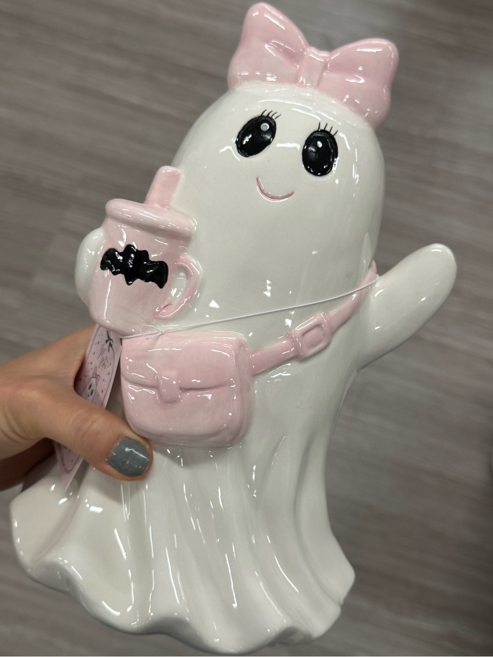 Cute Ceramic Ghost Figurine with Pink Bow & Accessories